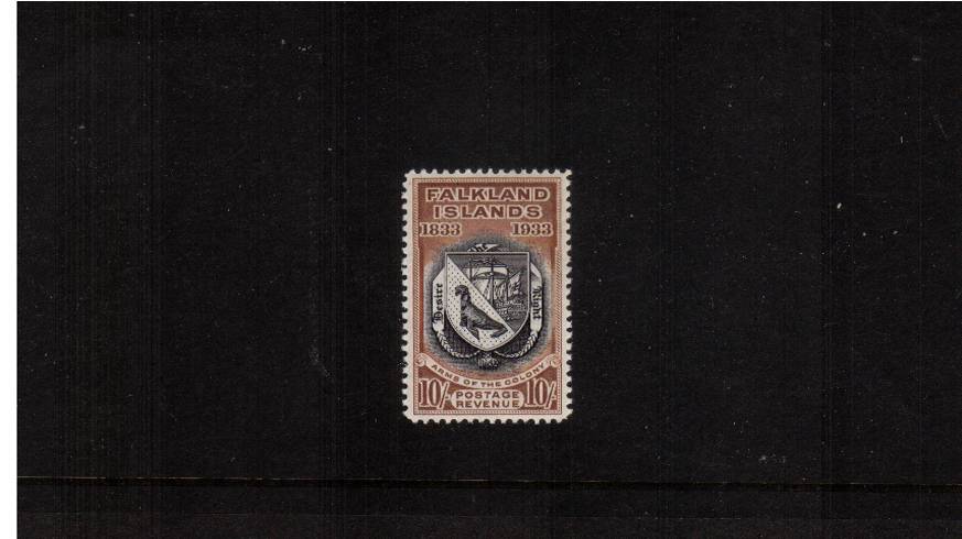 10/- Black and Chestnut from the Centenary set.<br/>
A stunning bright and fresh single with perfect centering and truly a mere trace of a hinge mark.<br/>A gem! SG Cat 850

<br/><b>QCQ</b>
