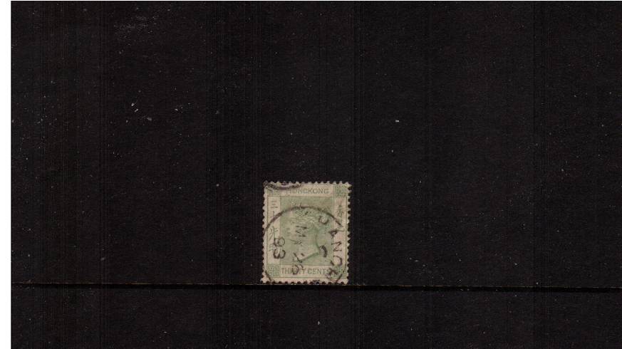 30c Grey-Green - Watermark Crown CA<br/>
A fine used single cancelled with a light SHANGHAI CDS dated MY 26 93. SG Cat 27
<br/><b>HK22</b>