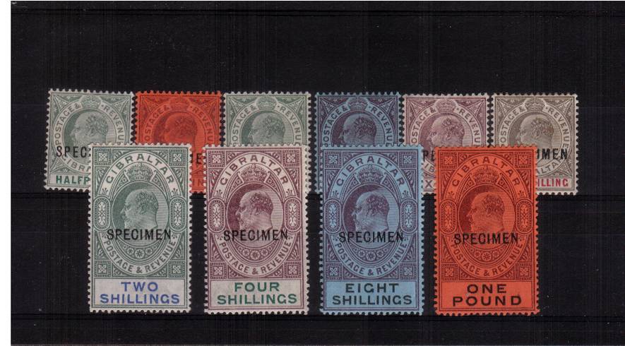 The complete Edward 7th set of ten lightly mounted mint overprinted ''SPECIMEN''<br/>SG Cat 550 
<br/><b>QGQ</b>