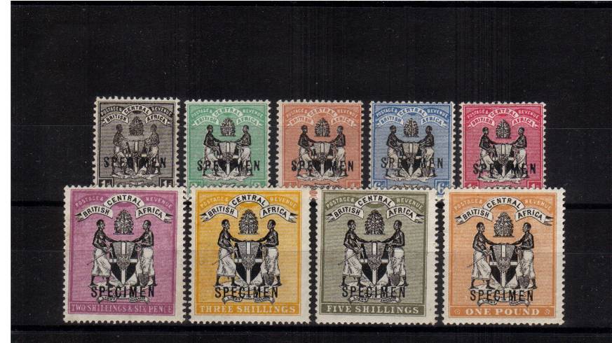 The ''Arms of the Protectorate'' set of nine lightly mounted mint overprinted ''SPECIMEN''. Very fresh!
<br><b>QLQ</b>