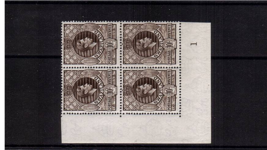 10/- Sepia - Perforation 13x14<br/>
A superb unmounted mint Plate ''1'' block of four. Very pretty!
<br><b>QLQ</b>