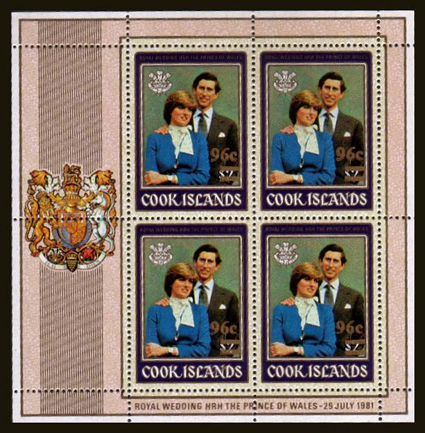 96c Surcharge on the $2 Charles and Diana Royal Wedding sheetlet of four.<br/>
Superb unmounted mint.