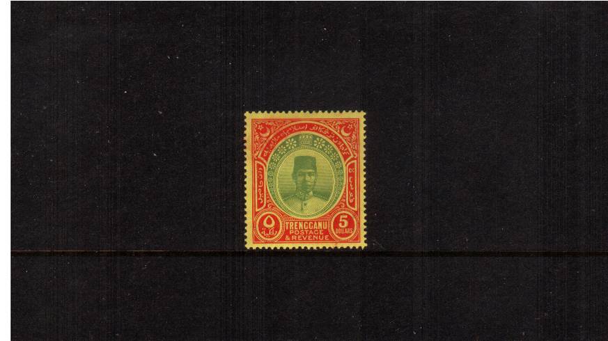 $5 Green and Red on Yellow<br/>
A fine, very lightly mounted mint single. A lovely bright and fresh stamp.<br/>SG Cat 500 
<br><b>QNQ</b>