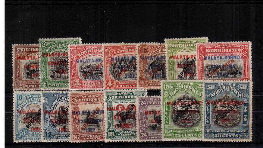 The Malaya-Borneo Exhibition<br/>
complete set of fourteen lightly mountd mint overprinted ''SPECIMEN''. The 2c shows the variety ''Stop after EXHIBITION''. Rare set!


<br><b>QRQ</b>