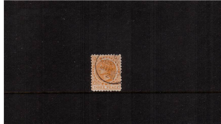 3d Orange - Watermark NZ Star (7mm) - Perforation 11<br/>
A stunning stamp crisply cancelled with a steel CDS for OPHIR.<br/>The population for  Ophir was 1000 in 1863 and currently is only 50!  A very rare CDS.


<br/><b>QSQ</b>