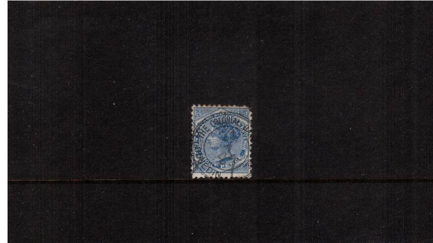8d Blue -  - Watermark NZ Star (6mm) - Perforation 12x11<br/>
A fiscally used stamp cancelled with a double ring cancel for THE COLONIAL BANK - DUNEDIN. The stamp has a blunt corner but an acceptable ''spacefiller''. SG Cat 65 
 



<br/><b>Q