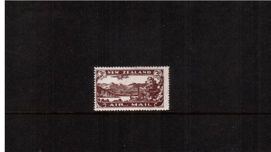 3d Chocolate AIR single - Perforation 14x15<br/>
A lovely fresh stamp that was sold to the previous owner as unmounted<br/>but I detect a trace of a hinge mark so I offer as<br/>very, very lightly mounted mint. A rare stamp that is seldom seen. Pretty!