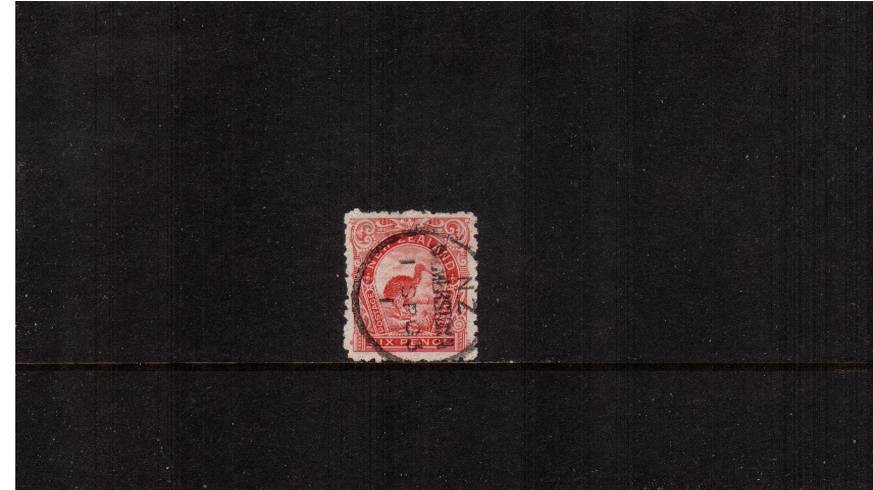 6d Rose Carmine - ''Pictorials'' - Watermark ''Single'' NZ - Perforation 11<br/>
A good fine used single with usual rough perforations cancelled with a PAMERSTON CDS dated 1 SP 03.

<br/><b>QSQ</b>