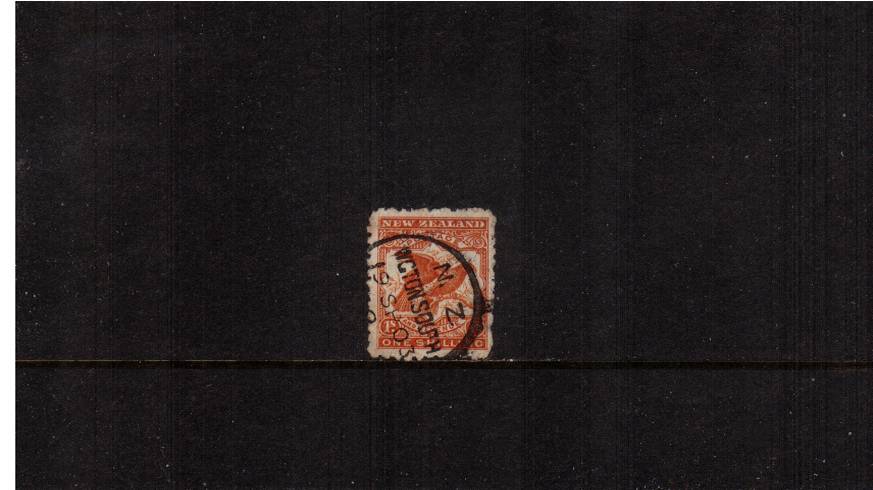 1/-  Orange-Brown - ''Pictorials'' - Watermark ''Single'' NZ - Perforation 11<br/>
A good fine used single with usual rough perforations<br/>cancelled with a WIGTON SOUTH CDS dated 19 SP 03. 

<br/><b>QSQ</b>