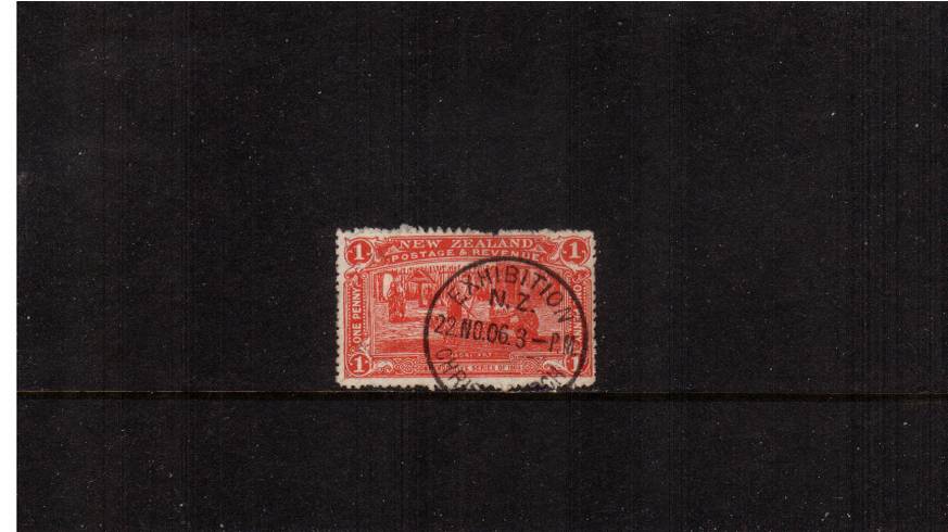 New Zealand Exhibition<br/>
1d Vermilion fine used single cancelled with a crisp EXHIBITION cancel dated 22 NO 06. Lovely!

<br/><b>QSQ</b>