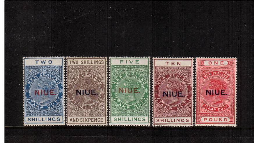 The Postal Fiscal stamps overprinted NIUE superb very, very lightly mounted mint set of five. A lovely set fine and very fresh. SG Cat 350
<br/><b>QUQ</b>