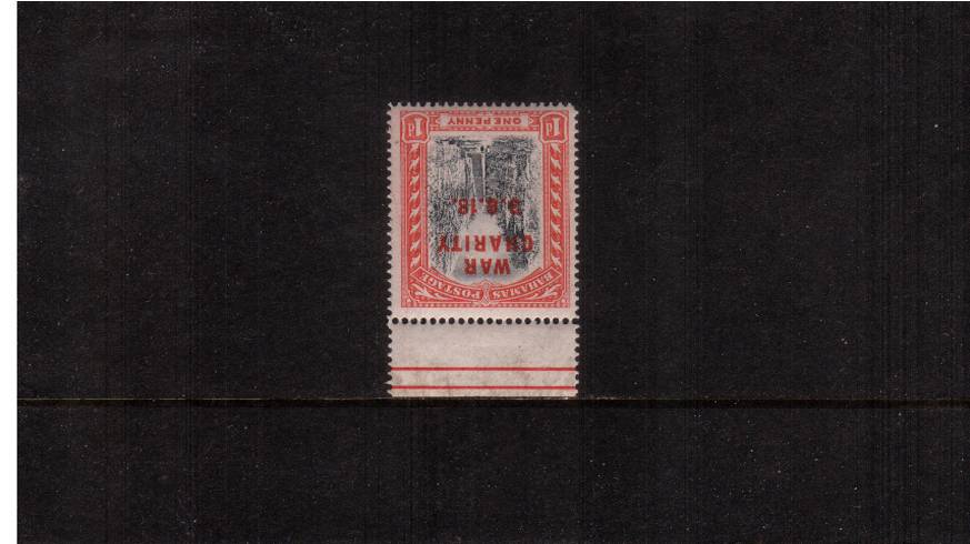 1d Gre-Black and Deep Carmine-Red<br/>
The ''WAR CHARITY'' overprint with the benefit of being top marginal clearly showing <b>WATERMARK INVERTED</b> superb unmounted mint.
<br/><b>QUQ</b>