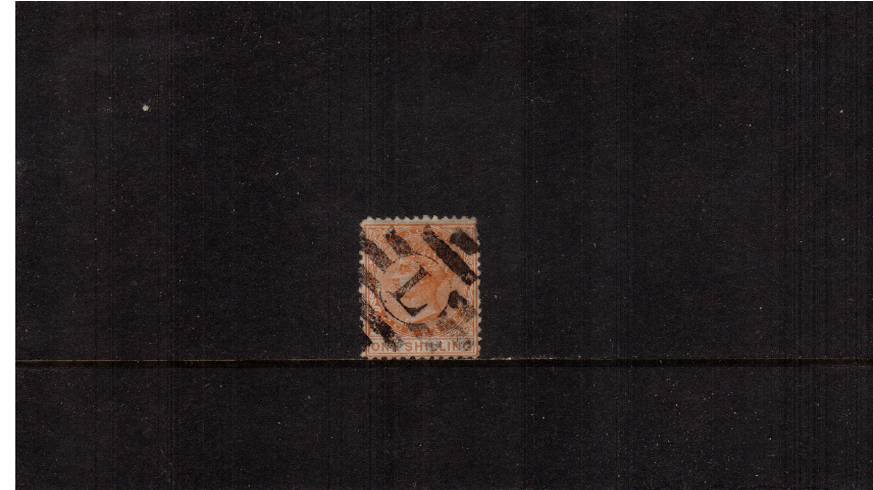 1/- Orange - Perforation 12 - Value 16mm long<br/>
A good used example cancelled with a large ''L'' for LAGOS. SG Cat 70