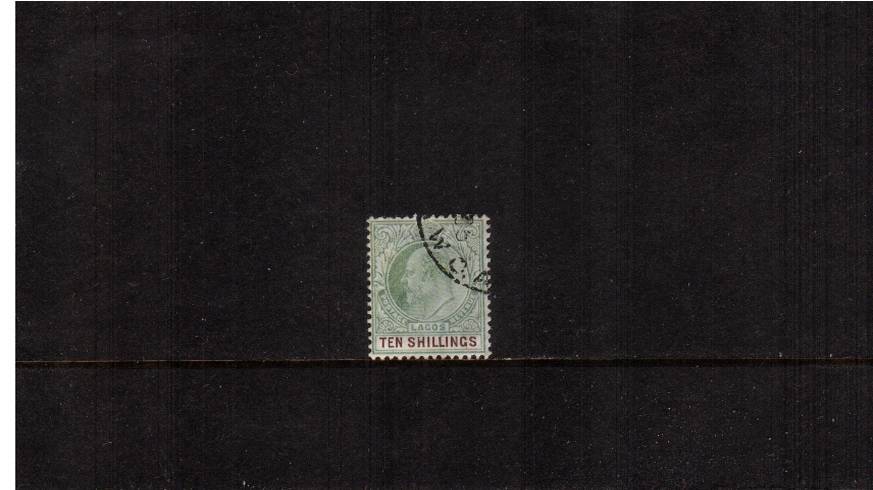 10/- Green and Brown - Watermark Multiple Crown CA<br/>
A superb fine used single cancelled with a CDS clear of profile. SG Cat 275