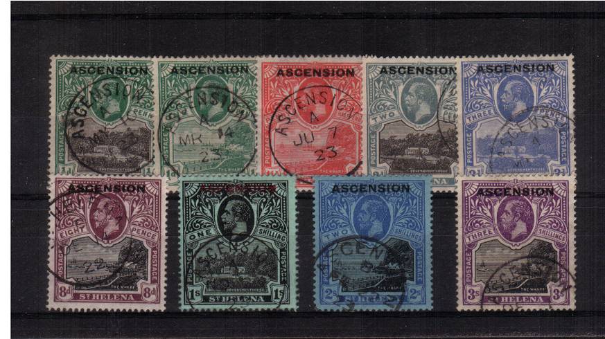 The ''ASCENSION'' overprinted set of nine<br/>superb fine used each stamp with a selected CDS. The 8d has a ST HELENA cancel.  SG Cat 475
<br/><b>QVQ</b>