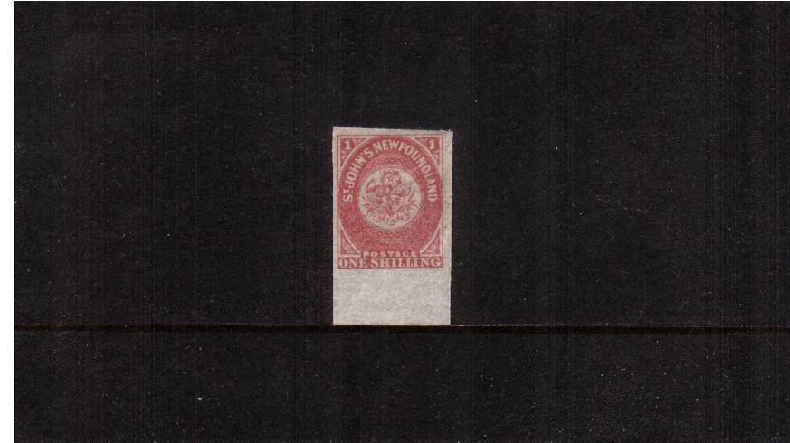 1/- Rose-Lake - Imperforate<br/>
A fine very lightly mounted mint four margined lower marginal single. SG Cat 50
<br/><b>QYQ</b>