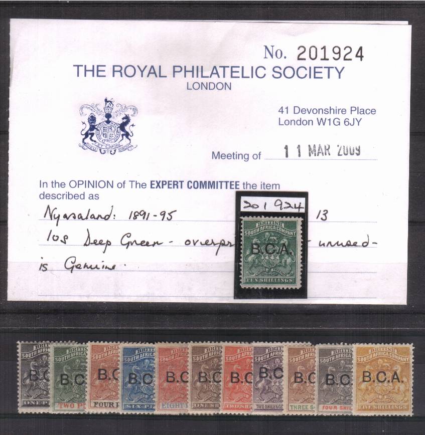 The first set of BRITISH CENTRAL AFRICA complete set of twelve lightly mounted mint with the benefit of a ROYAL PHILATELIC SOCIETY certificate for 10/- stamp. SG Cat 650
<br/><b>UAU</b>