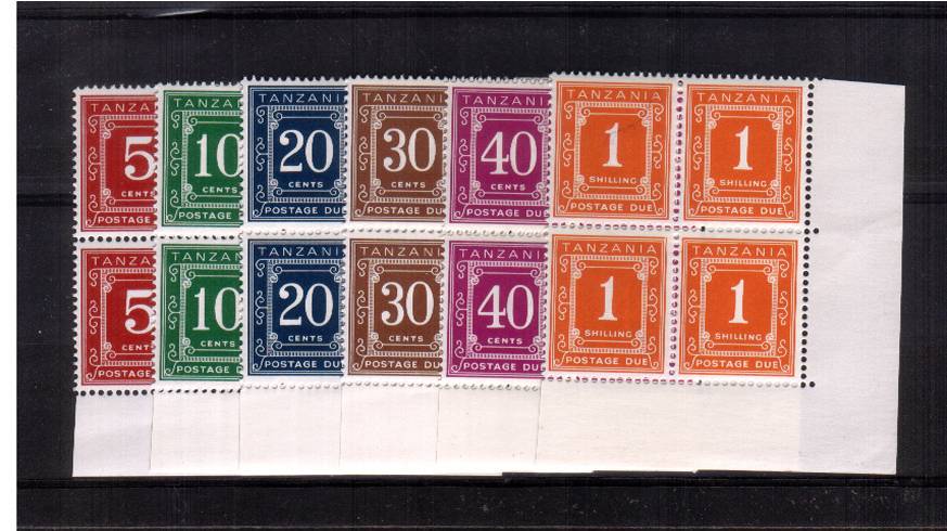 The POSTAGE DUE set of six<br/>on Glazed Ordinary Paper with PVA gum.<br/>
A superb unmounted mint set of six in SE corner blocks of four. SG Cat 68
