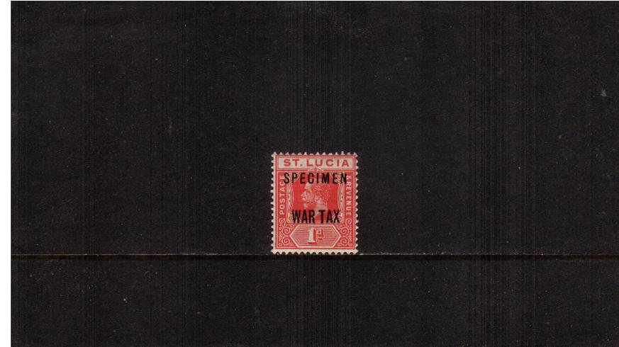 The 1d Scarlet overprinted in London ''WAR TAX''<br/>
A fine lightly mounted mint single overprinted ''SPECIMEN''. SG Cat 55
<br/><b>UEU</b>