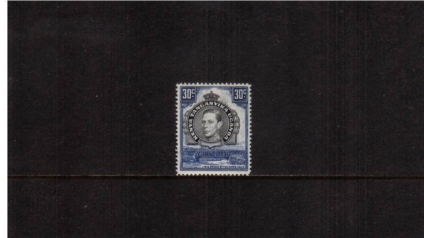 30c Black and Blue definitive single - Perforation 14.<br/>
A superb lightly mounted mint single with the interesting bonus of showing a shift of Black to the left. Scarce stamp!  SG Cat 160
<br/><b>UEUa</b>
