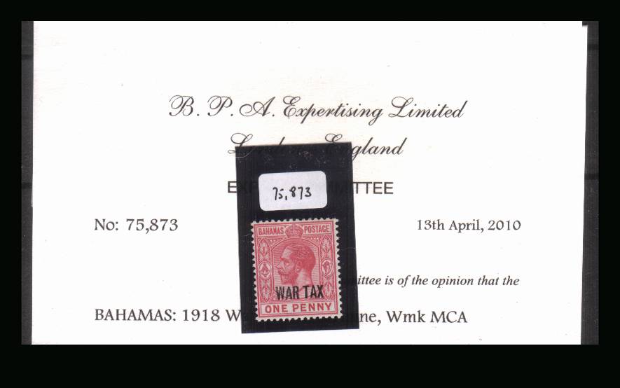 The 1d Carmine overprinted ''WAR TAX'' single<br/>
A superb unmounted mint single with the bonus of a BPA certificate stating genuine showing the WATERMARK SIDEWAYS.
<br/><b>UHU</b>