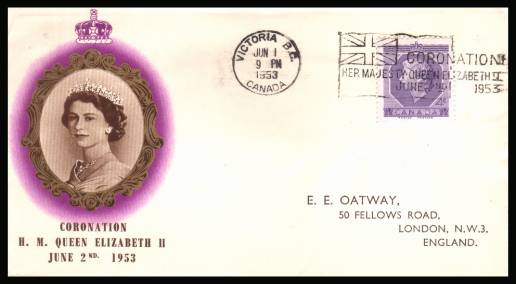 The 1953 Coronation single<br/>on colour illustrated First Day Cover.<br/>Note cover is printed on cream paper which due<br/>to scanning limitations can appear to be  toned!