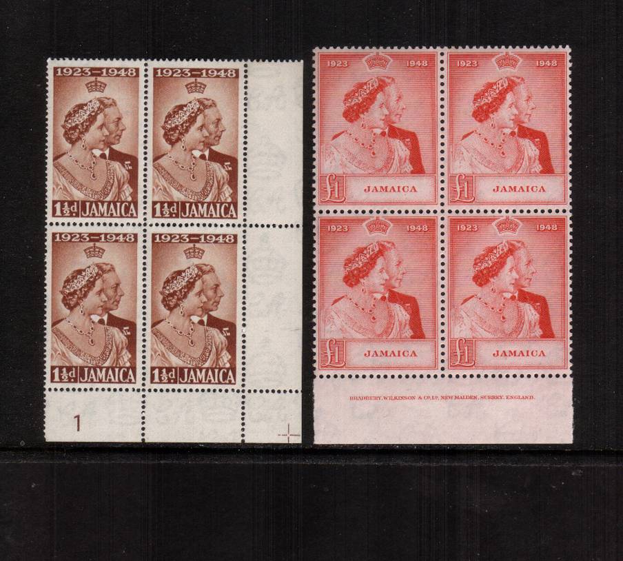 the 1948 Royal Silver Wedding set of two in superb unmounted mint blocks of four. The low value being a SE corner cylinder block and the 1 value showing a full BRADBURY imprint on the margin.
<br/><b>SEARCH CODE: 1948RSW</b><br/><b>QBX</b>