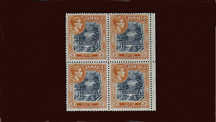 5/- Slate-Blue and Yellow-Orange - Perforation 13<br/>
A superb unmounted mint right side marginal block of four. SG Cat 48<br/><b>QDX</b>