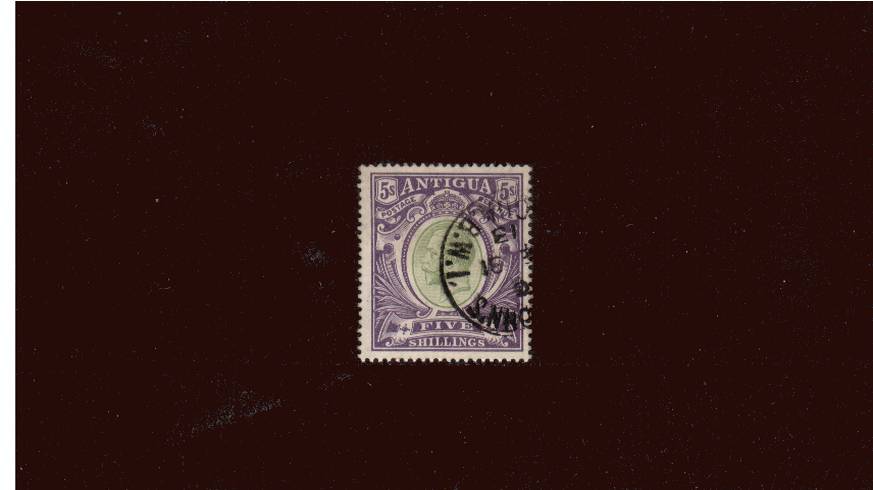 5/- Grey-Green and Violet<br/>
A superb fine used single cancelled with a genuine steel CDS cancel dated 1913. SG Cat 150
<br/><b>QDX</b>