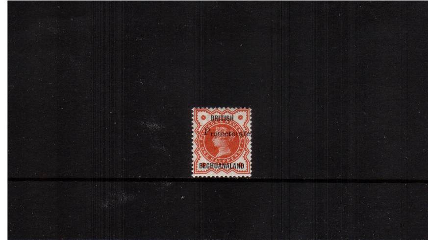 The  GB d Vermilion overprinted BRITISH BECHUANALAND and additionally overprinted with the 15mm wide PROTECTORATE handstamp good mounted mint. A bright and fresh stamp. SG Cat 225 
<br/><b>QDX</b>