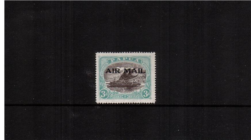 3d Sepia-Black and Bright Blue-Green overpinted ''AIRMAIL''<br/>
A good lightly mounted mint single. SG Cat 50
<br/><b>QDX</b>