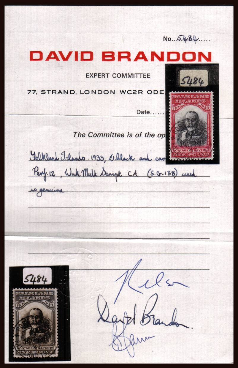 1 Falkands Centenary<br/>A stunning superb fine used example of this great classic of philately.<br/>A lovely stamp lightly cancelled with a PORT STANLEY double ring CDS dated 1935 with<br/>the benefit of a BRANDON certificate. SG Cat 3750<br/><b>QGX</b