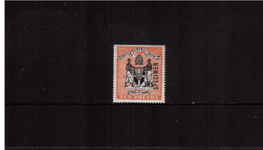 10 Black and Orange - Watermark Crown CA<br/>
A good mounted single overprinted ''SPECIMEN''.<br/>
Note, without the overprint the SG Catalogue price is 11,000 !! 
<br/><b>QHX</b>