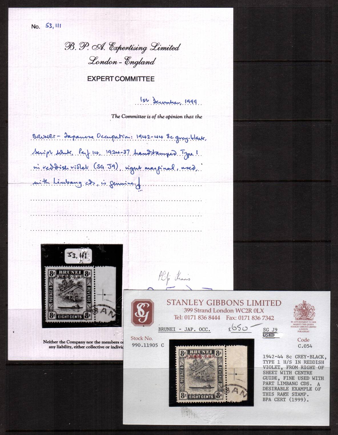 8c Grey-Black Type 1 handstamp in Reddish Violet.<br/>A superb fine used marginal stamp cancelled with a LIMBANG CDS. With BPA certificate and SG stockcard sold to previous owner over 20 years ago! Rare!! SG Cat 900  

<br/><b>QHX</b>