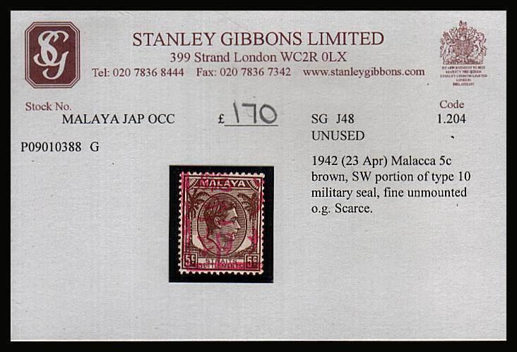 STRAITS SETTLEMENTS the 5c Brown cancelled with the lower left part of Military Seal in bright Red superb unmounted mint.  Offered of SG stock card from the 1990's SG Cat 180 
<br/><b>QHX</b>