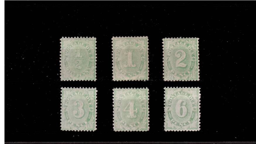THe POSTAGE DUE set of six in truly exceptional condition lightly mounted mint with full undamaged perforations. Because of the large perforation gauge the perforations are usually damaged. A rare set so fine! SG Cat 1000
<br/><b>QLX</b>