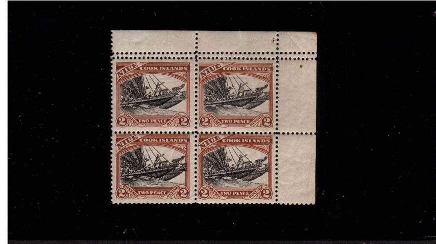 2d Black and Red-Brown<br/>
A superb unmounted mint corner block of four with the top pair showing the VARIETY 14x13x13x13. The lower pair is Perf 13. Interestingly the upper line of perfs above the 13 is 14. SG Cat 296 for mounted. Rare!<br/><b>QLX</b>