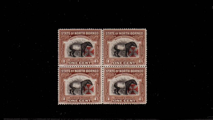 1c Brown - Malayan Tapir<br/>
Red Cross in Carmine with Matt Ink<br/>
In a superb unmounted mint block of four. SG Cat 104
<br/><b>QLX</b>