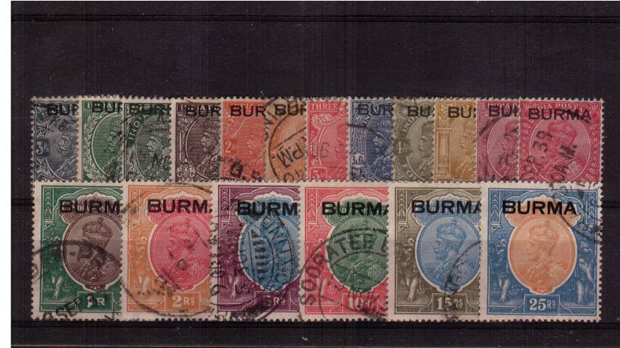 The ''BURMA'' overprint on the George 5th stamps of INDIA <br/>superb fine used with each stamp having a CDS cancel.<br/>SG Cat 900 
<br/><b>QMX</b>
