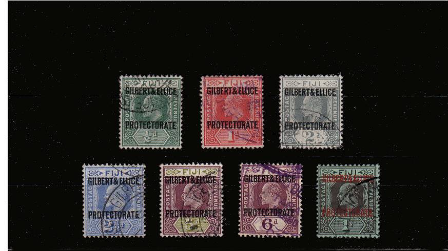 The ''GILBERT & ELLICE'' overprint set on Fiji stamps superb fine used set of seven.<br/>Please note the 2d value has full peforations!<br/>SG Cat 325
<br/><b>QMX</b>