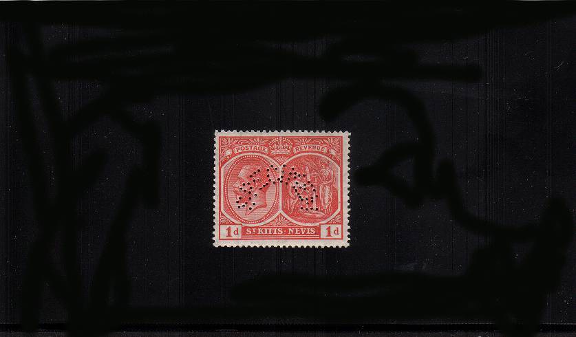 1d Rose-Carmine
a fine very lightly mounted mint single perfined ''SPECIMEN''<br/>
Please note - this stamp was issued by itself!<br/>SG Cat 70
<br/><b>QNX</b>