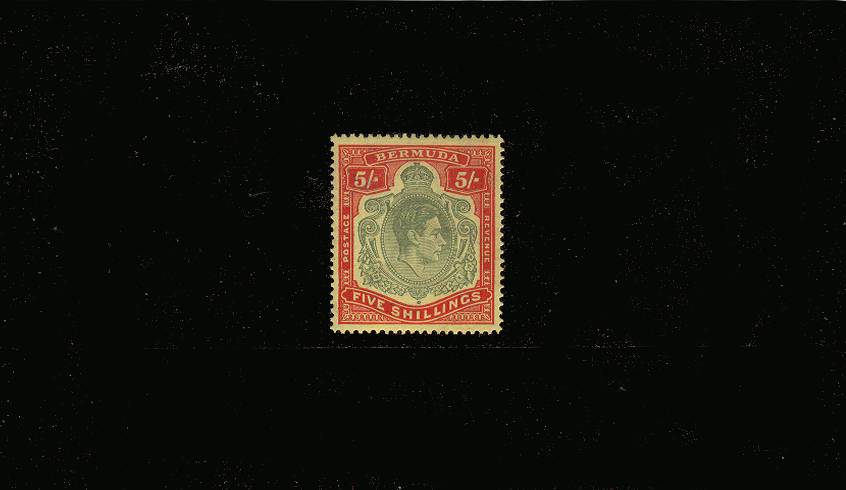 5/- Pale Bluish-Green and Carmine-Red on Pale Yellow - Ordinary Paper<br/>
A fine very lighly mounted mint single. SG Cat 100<br/><b>QPX</b>