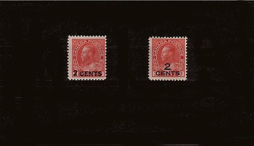 The 2c on 3c Carmine surcharged set of two<br/>A lightly mounted bright and fresh mint ''first hinge'' set.<br/>SG Cat 100<br/><b>QQQ</b>