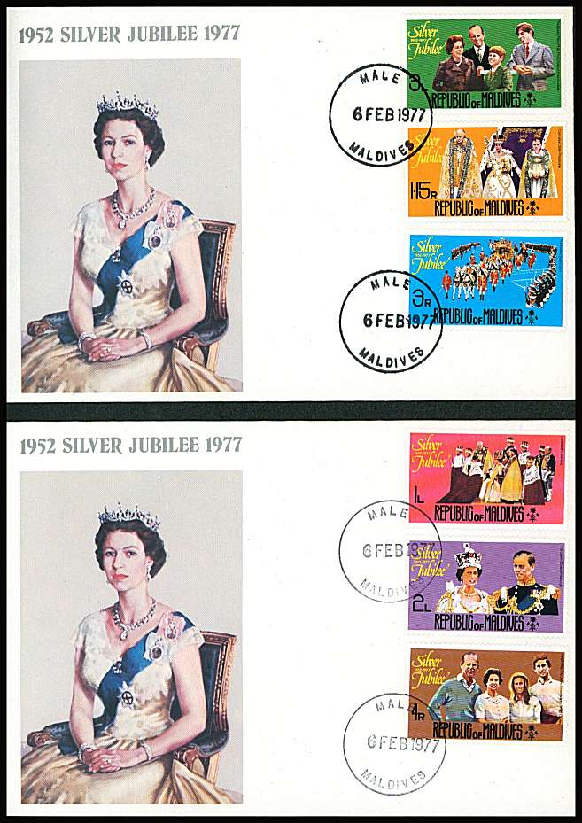 The Silver Jubilee set of six on a pair of small neat colour First Day Covers.