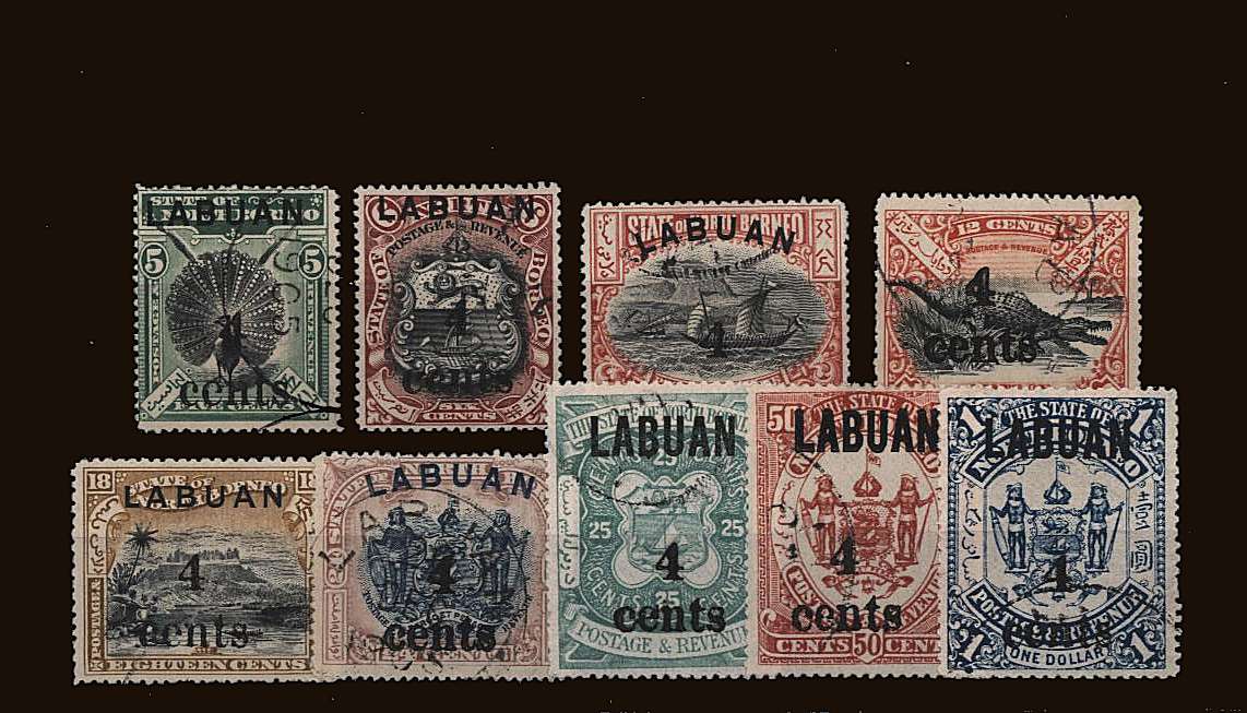 Issuie of 1896 with ''4 cents'' surcharge complete set of nine.
<br/>A very fine used set. SG Cat 350
<br/><b>QQR</b>