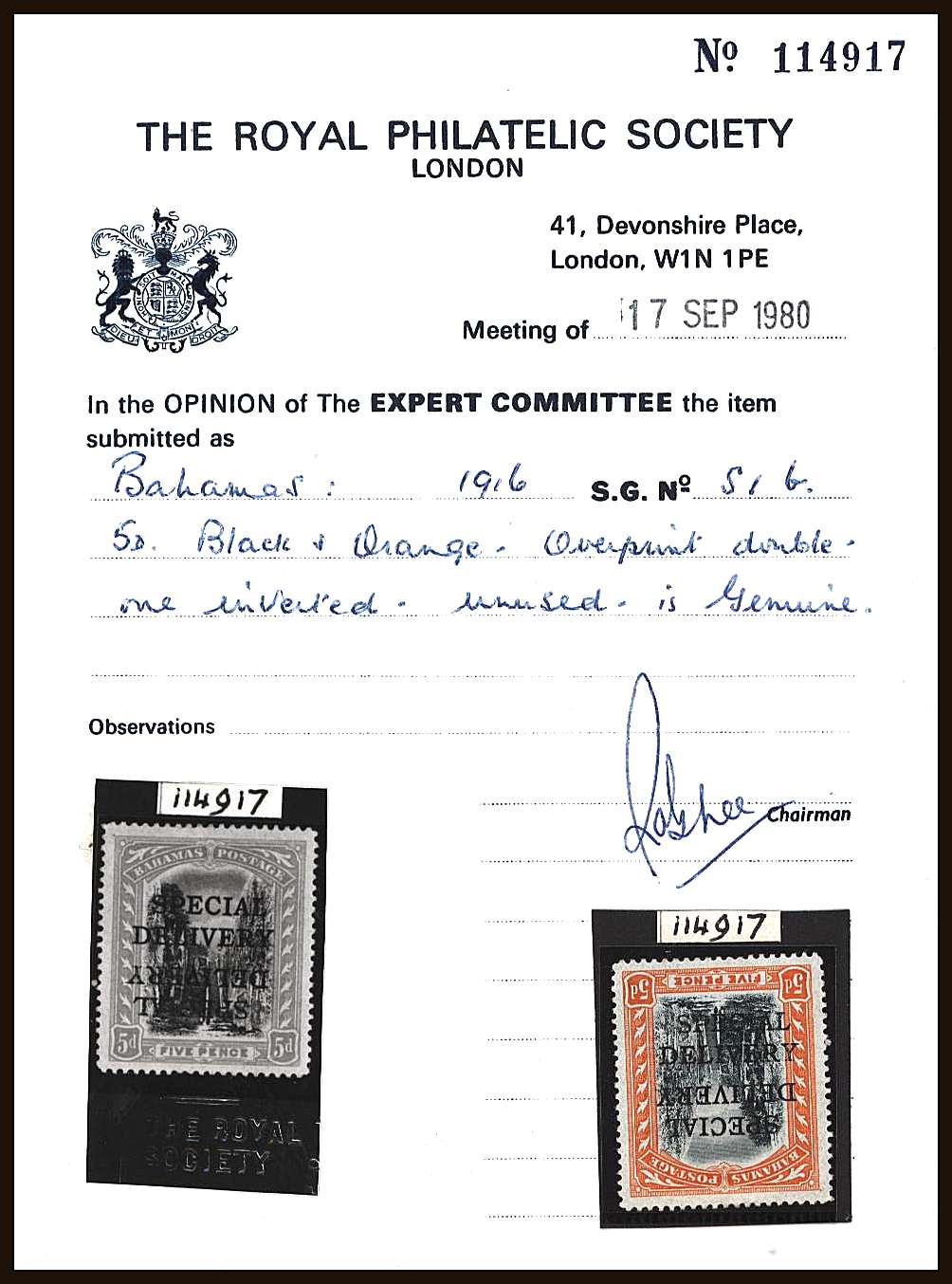 5d Black and Orange overprinted ''SPECIAL DELIVERY'' showing<br/>the variety<b> ''Overprint Double, One Inverted'' </b>with the benefit of an RPS certificate. SG Cat £950
<br/><b>QQR</b>