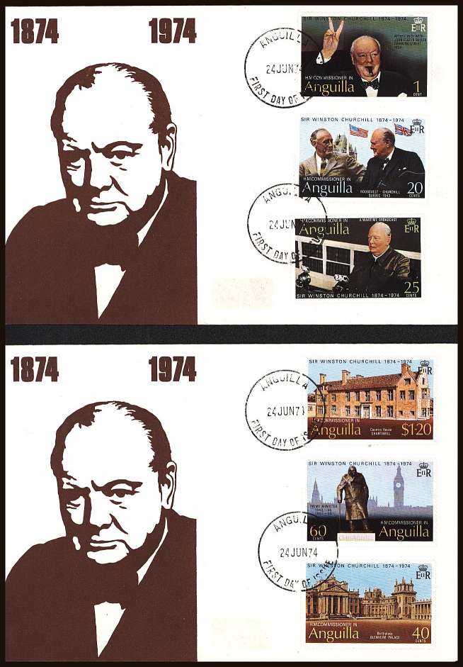 Churchill set of six on two unaddressed illustrated First Day Covers.