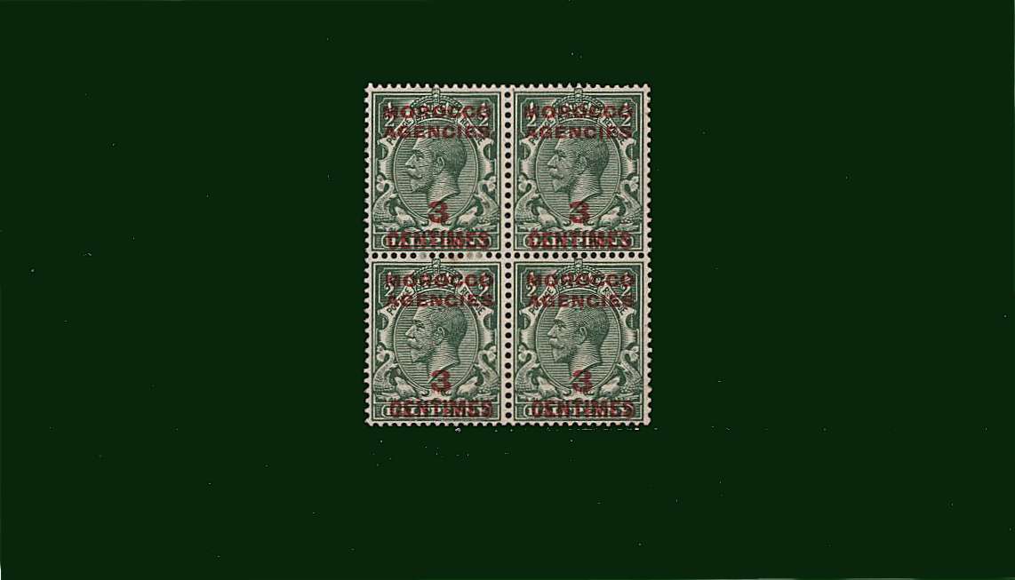 3c on ½d Green<br/>
A superb unmounted mint block of four.
SG Cat £14
<br/><b>BBD</b>