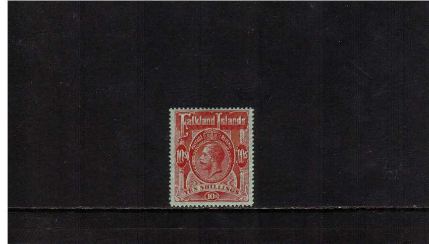 10/- Red on Green superb very, very lightly mounted mint - just a trace of a hinge mark. SG Cat �160  ns0307