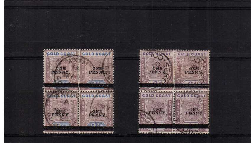 1d overprints on the 2�d and 6d values in superb fine used blocks of four. Unusual. ns0307